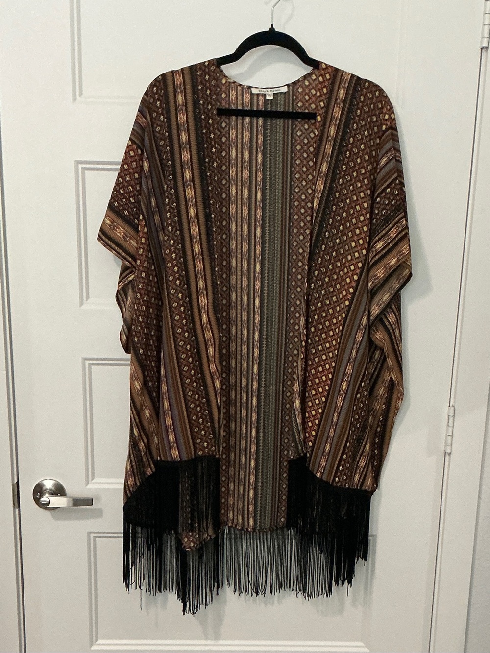 Black Rainn Brown Multi-Pattern Boho Fringe Kimono